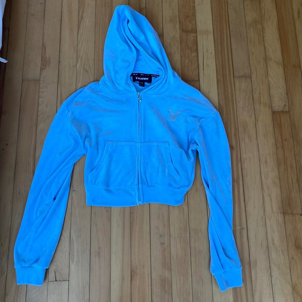 Playboy Velour Zip Up Hoodie Crop Blue Rhinestone Logo Y2K Women's M